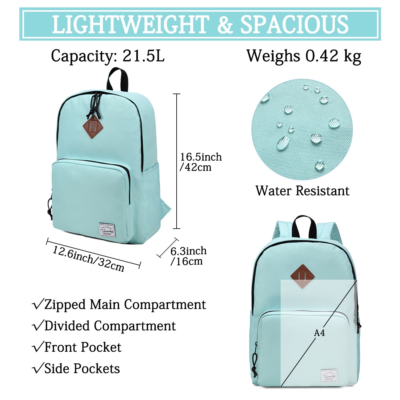 VASCHY Ultra Lightweight Backpack for School