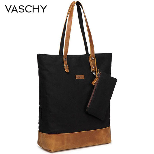 VASCHY Cowhide Leather Canvas Tote Bag for Women